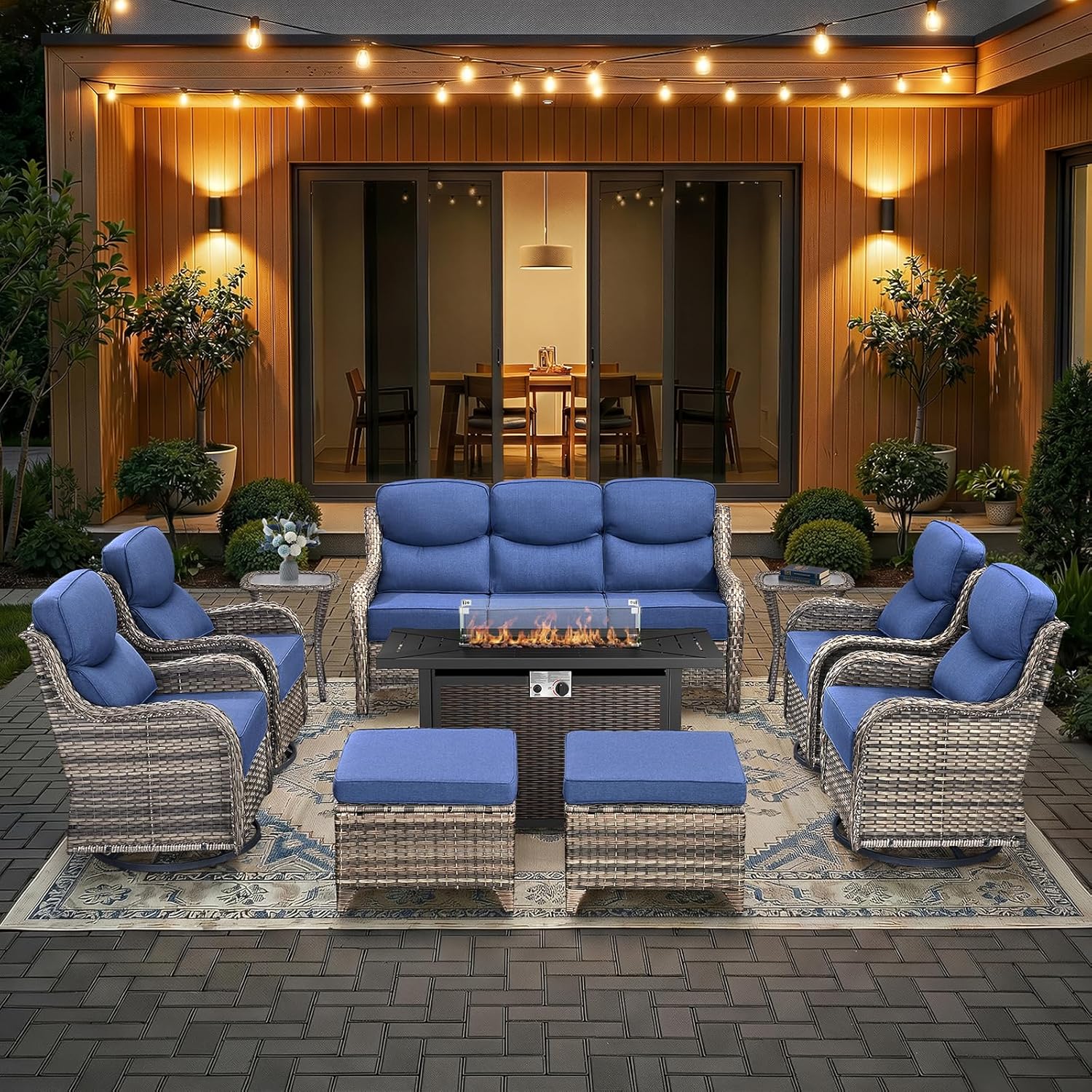 Outdoor Wicker Furniture set swivel Rocker Chairs Sofa with Fire Pit