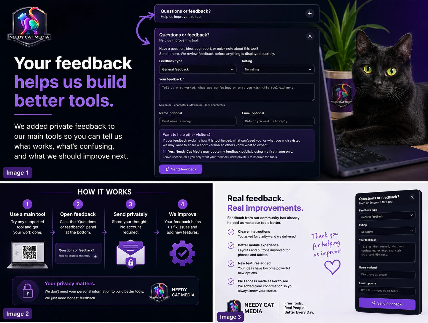 Needy Cat Media private feedback feature for improving free online tools