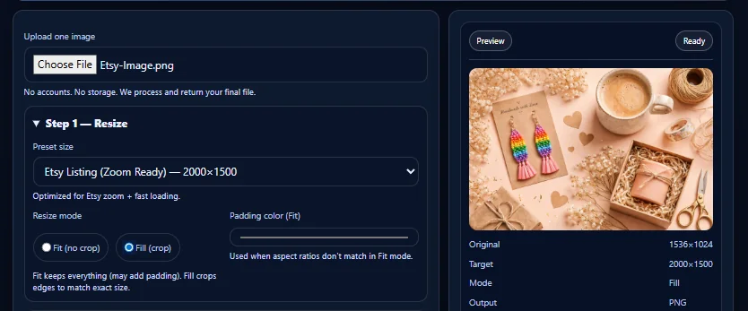 Resize to Etsy preset and enable Fill mode