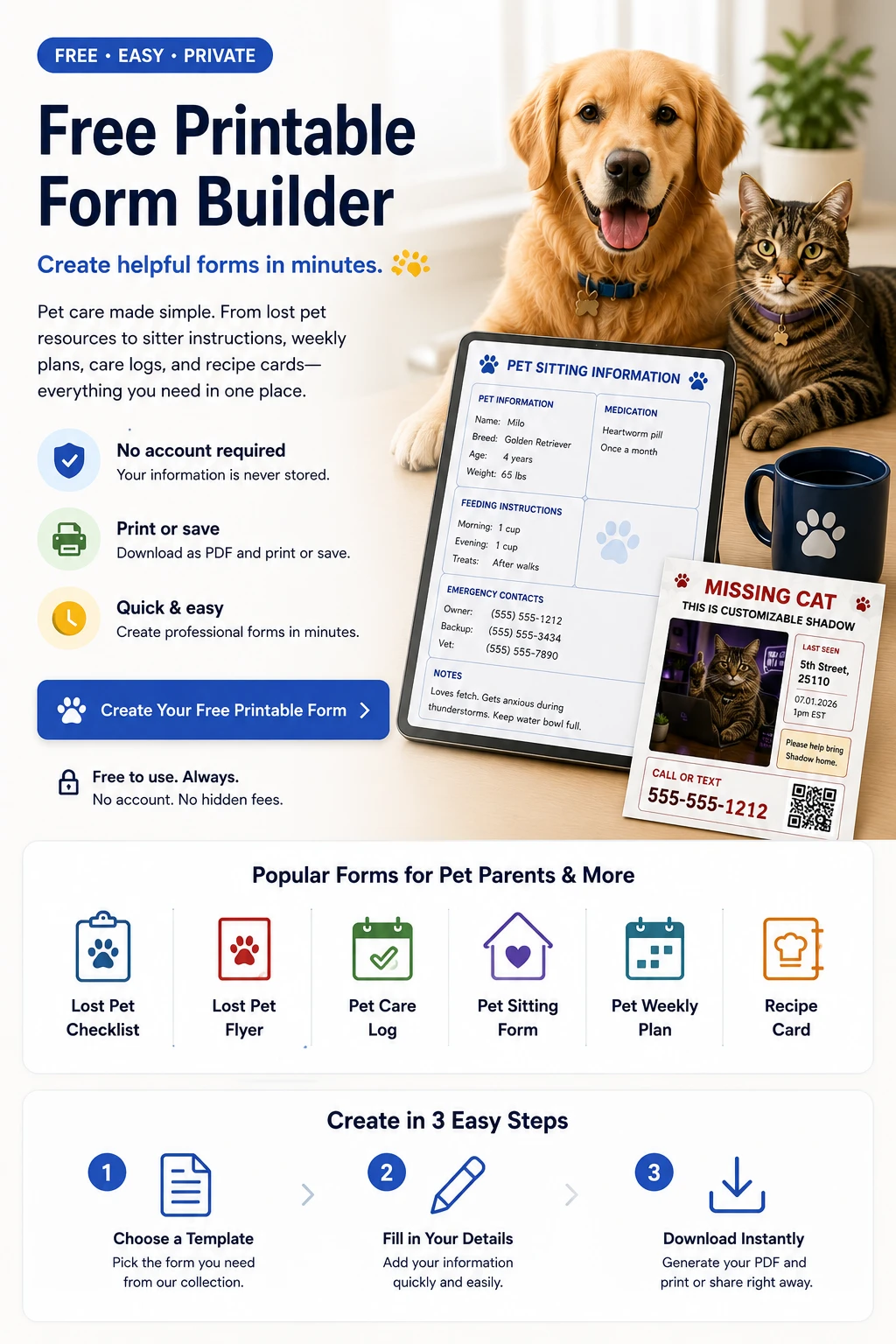 Create a free printable PDF with the Needy Cat Media form builder