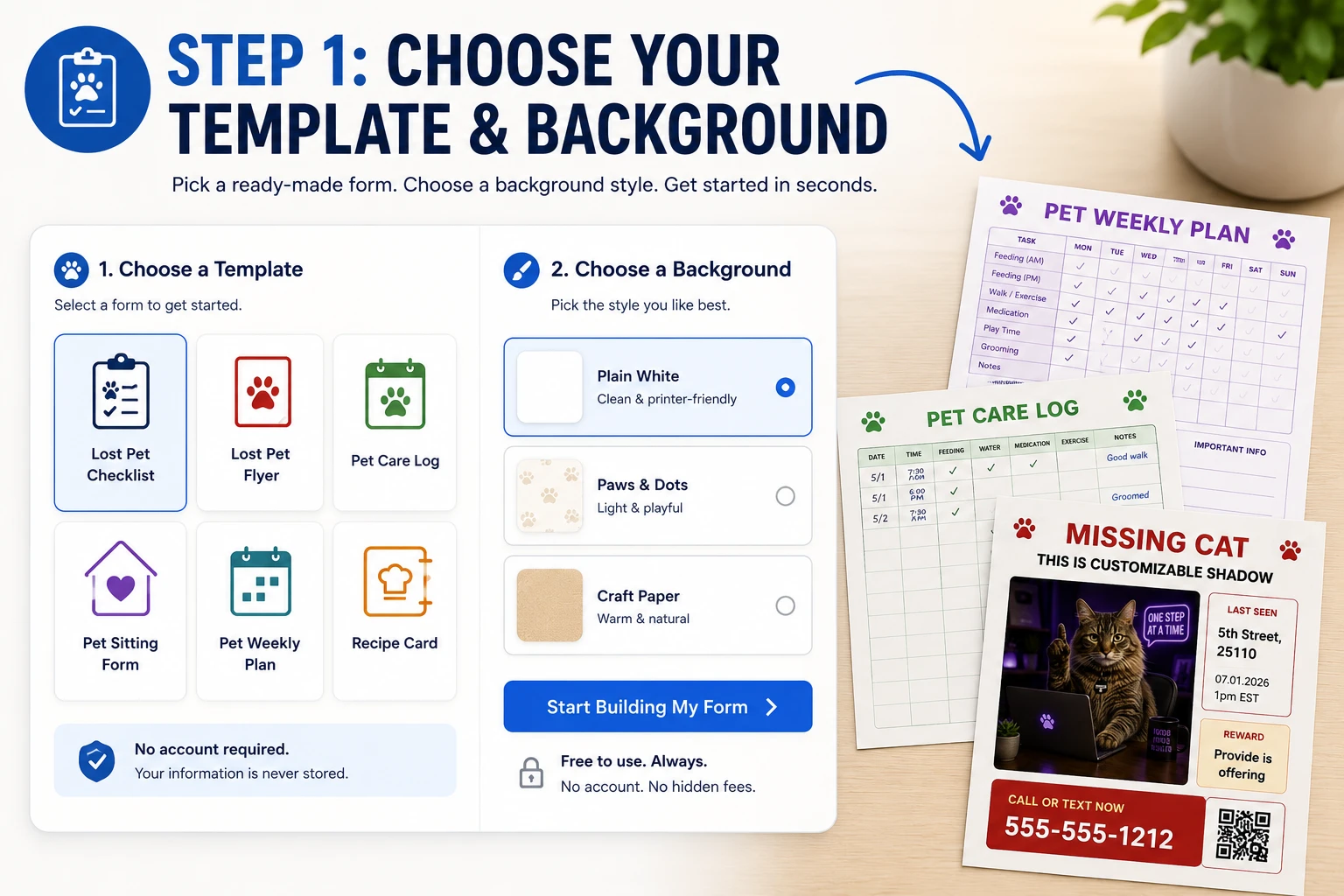 Form builder template menu with printable form and background choices