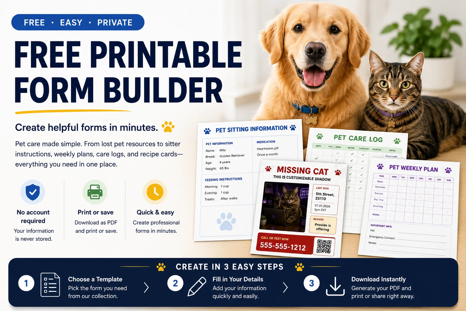 Needy Cat Media free printable form builder with pet care and lost pet templates