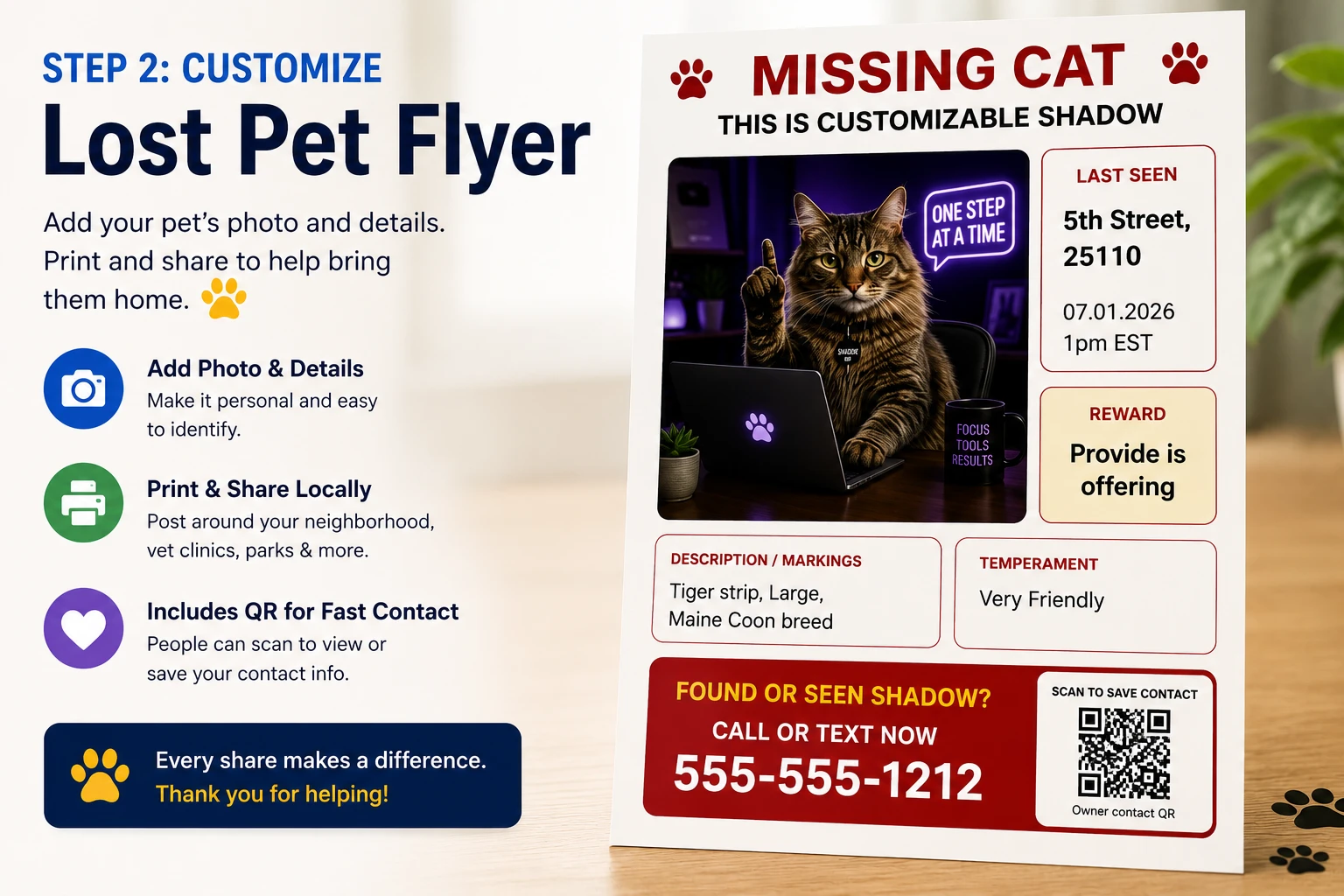 Completed printable lost pet flyer created with the Needy Cat Media form builder