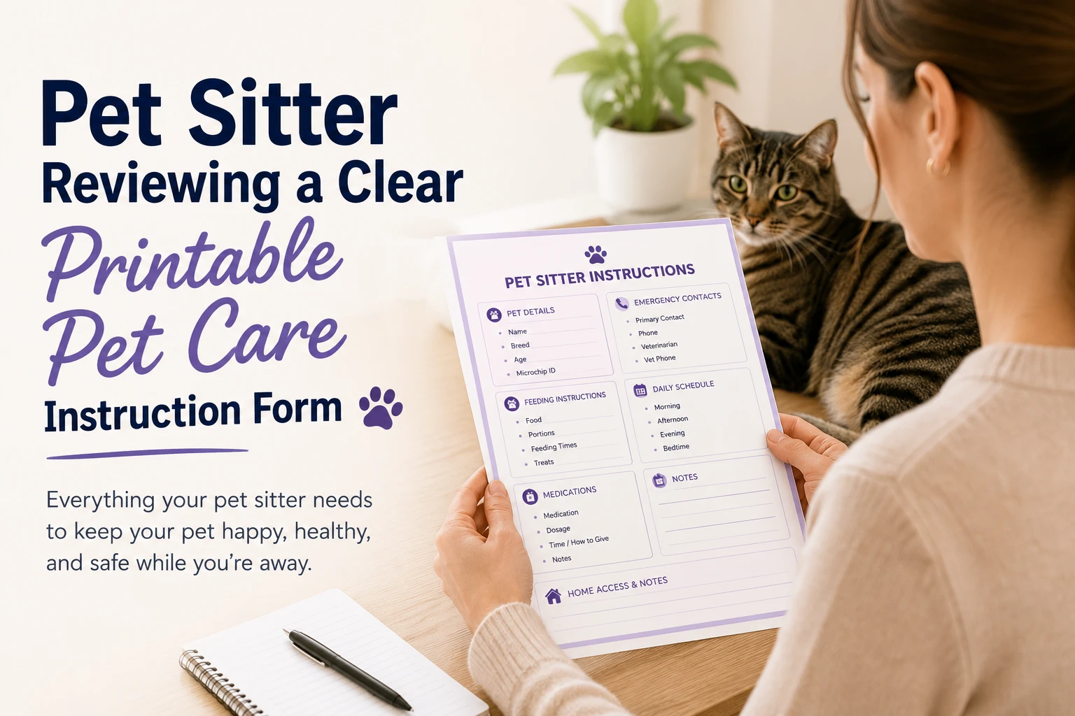 Pet sitter reviewing a clear printable pet care instruction form