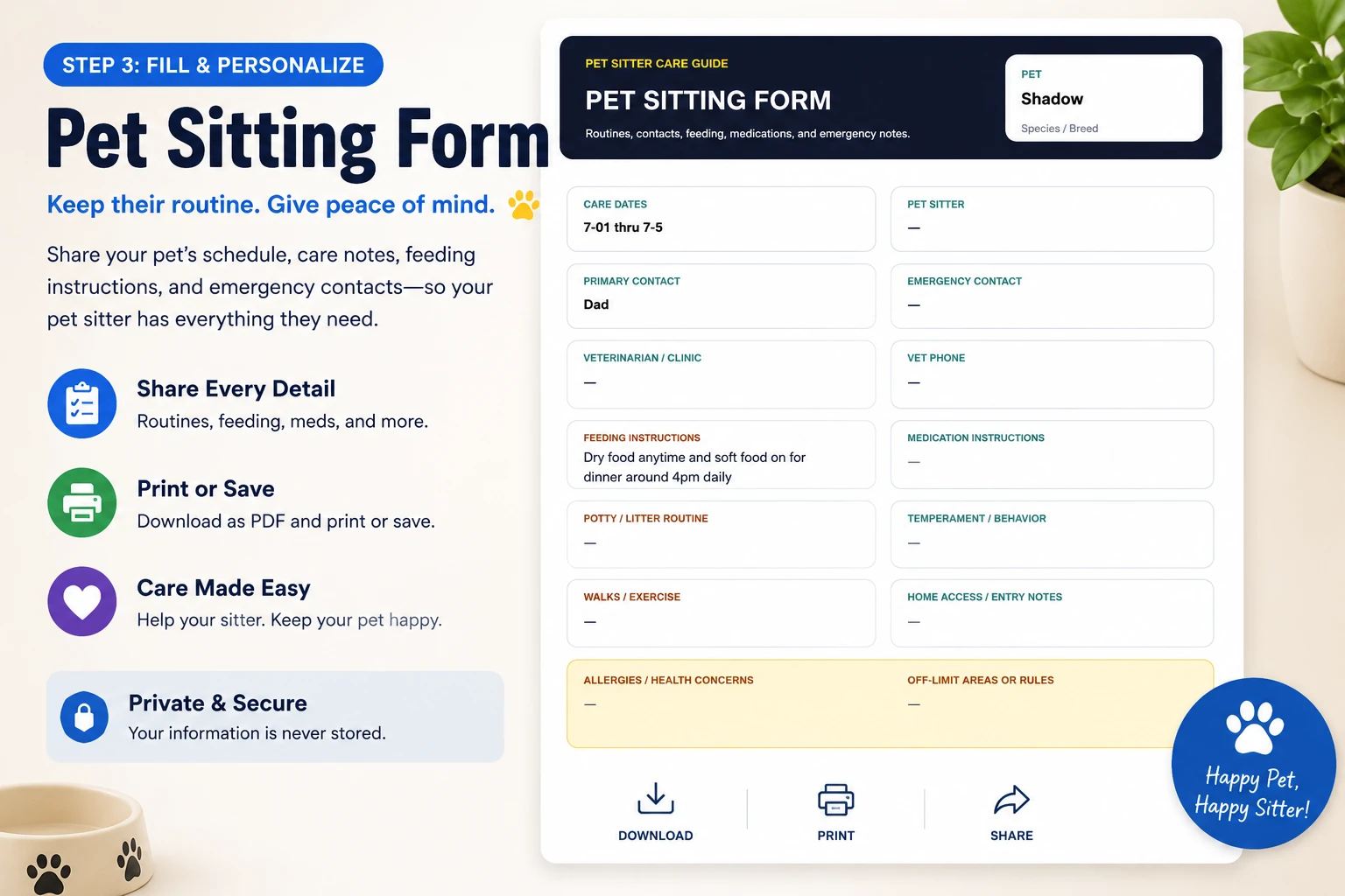 Completed printable pet sitting information form