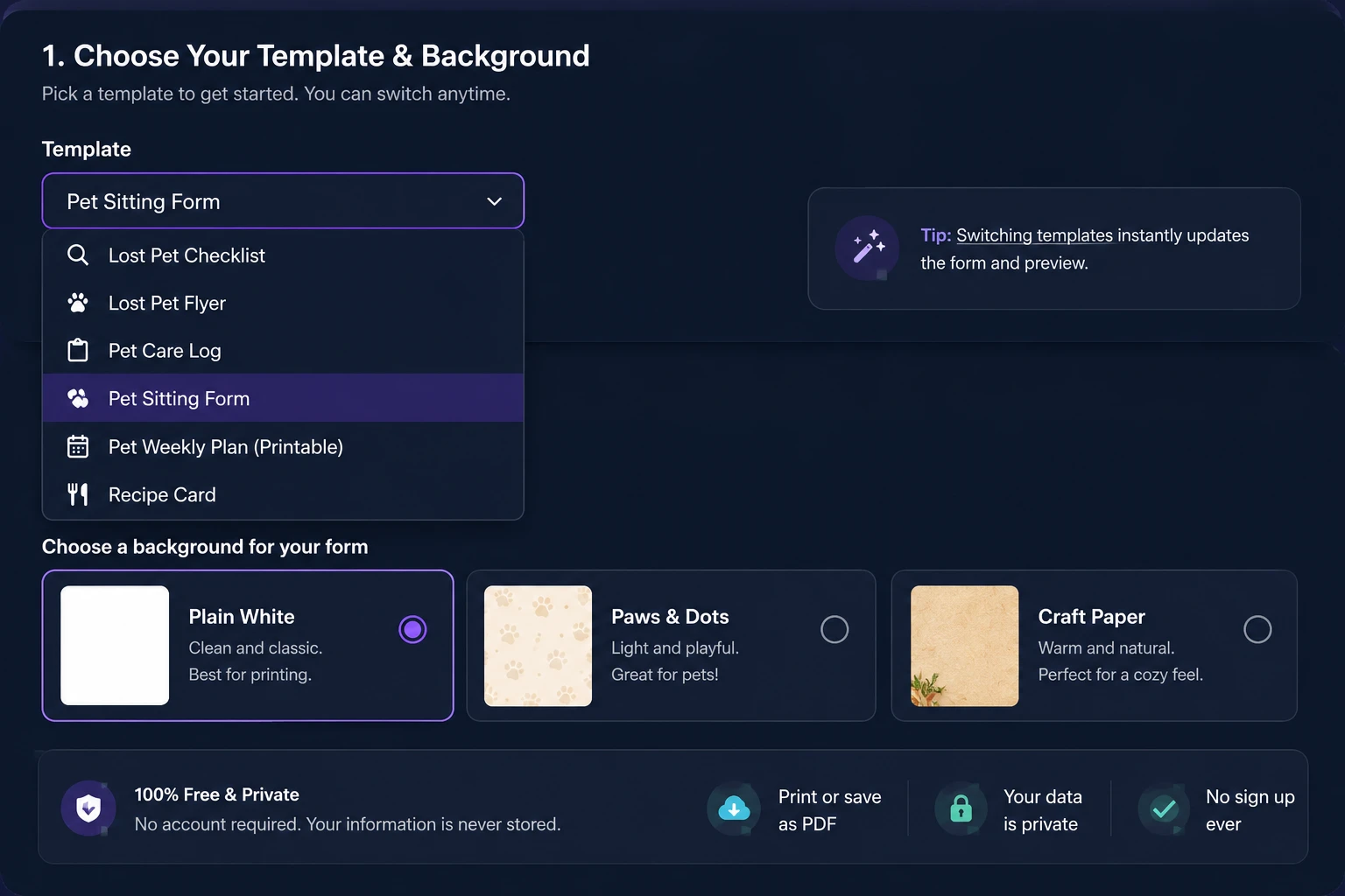Needy Cat Media form builder with the Pet Sitting Form template selected