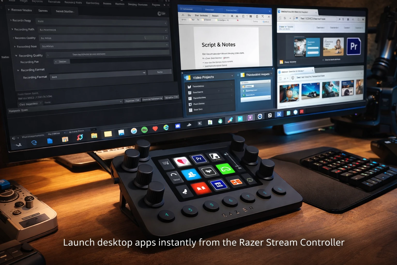 Example creator desktop setup showing apps and folders launched from a stream controller