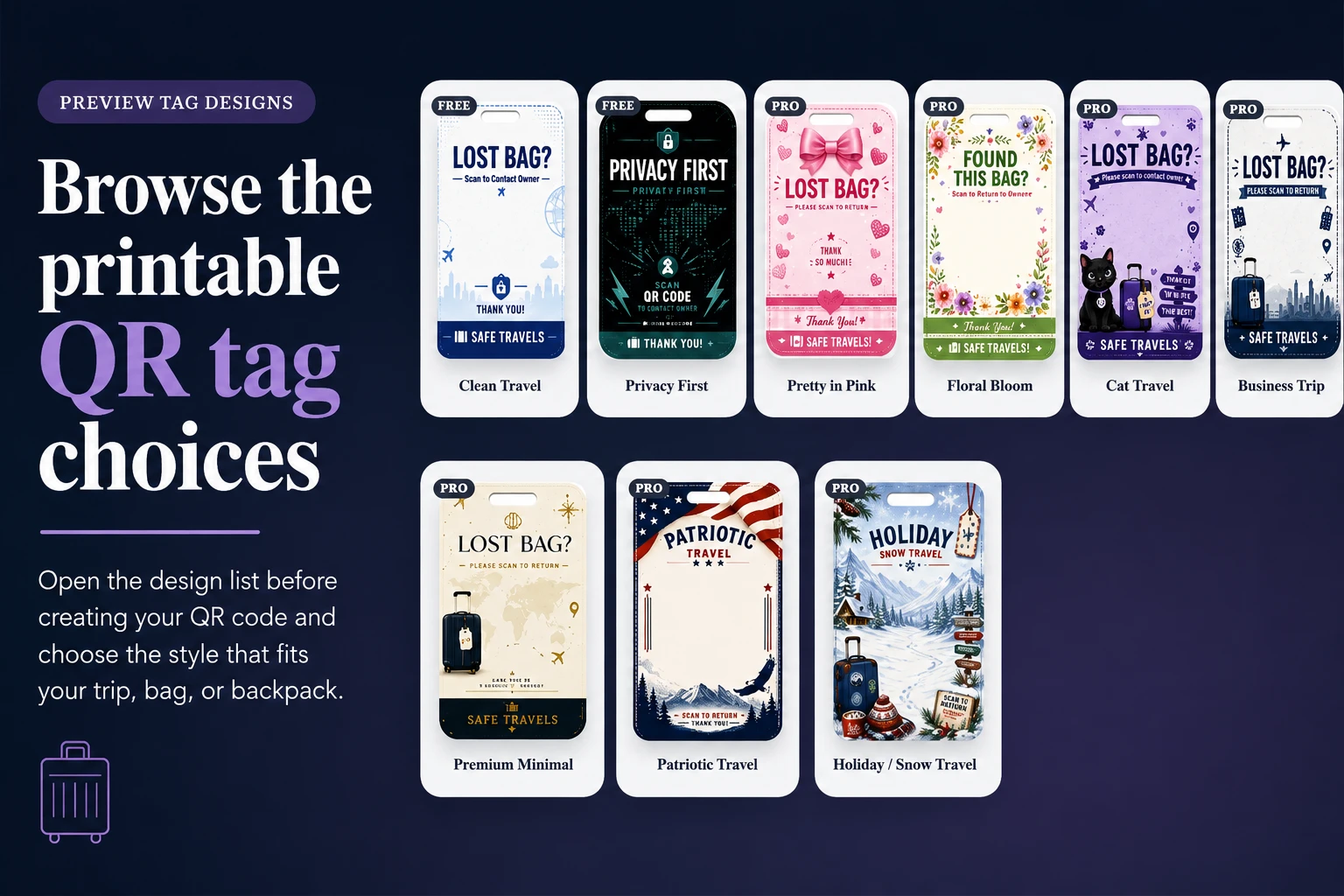 Printable QR Luggage Tag Builder showing template choices and preview area