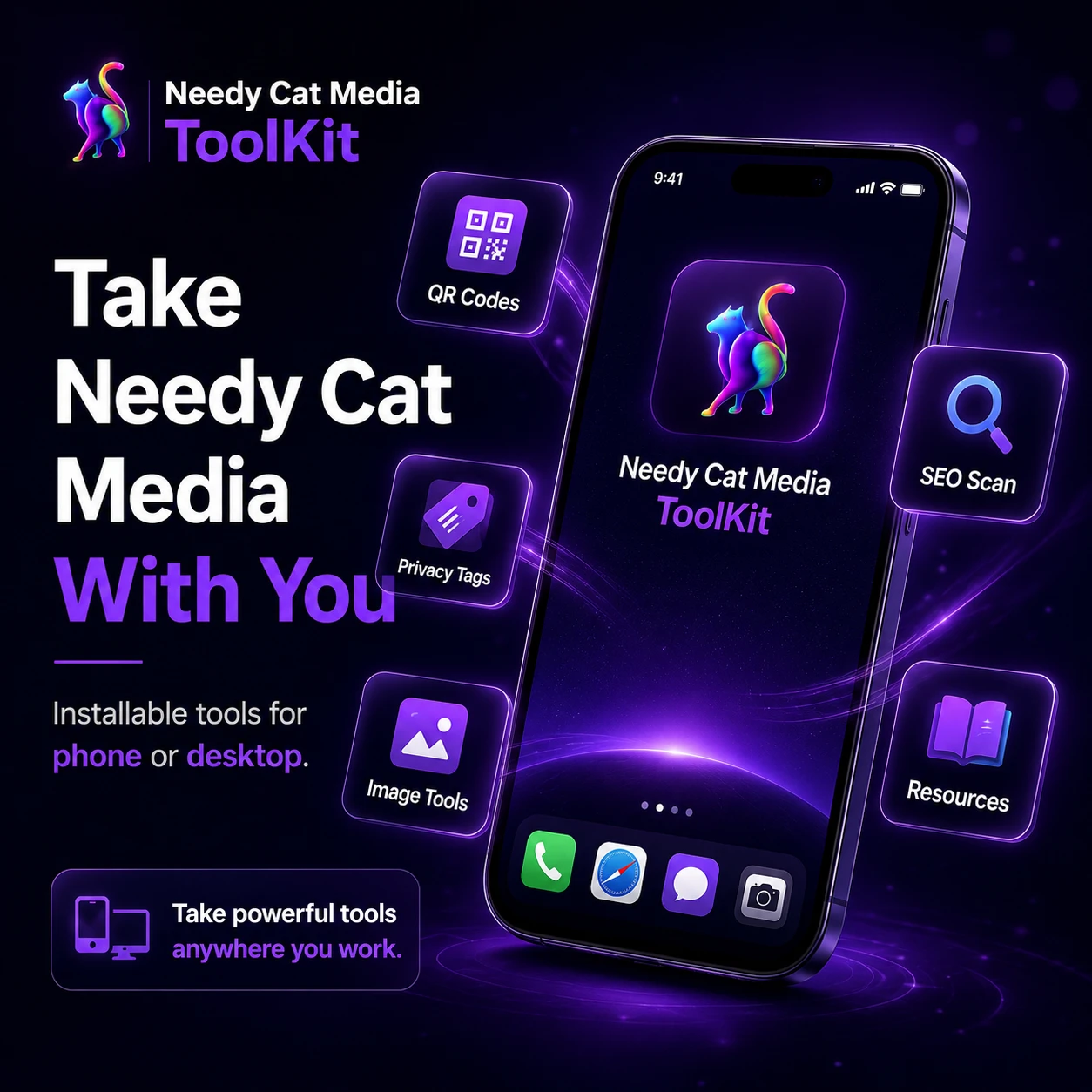 Needy Cat Media ToolKit installable app graphic with phone, QR tools, SEO scan, image tools, privacy tags, and resources
