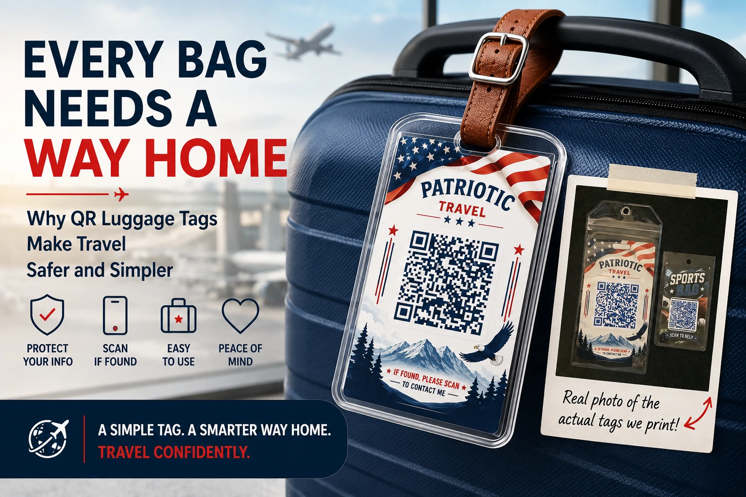 Real printed QR luggage tag attached to a travel bag