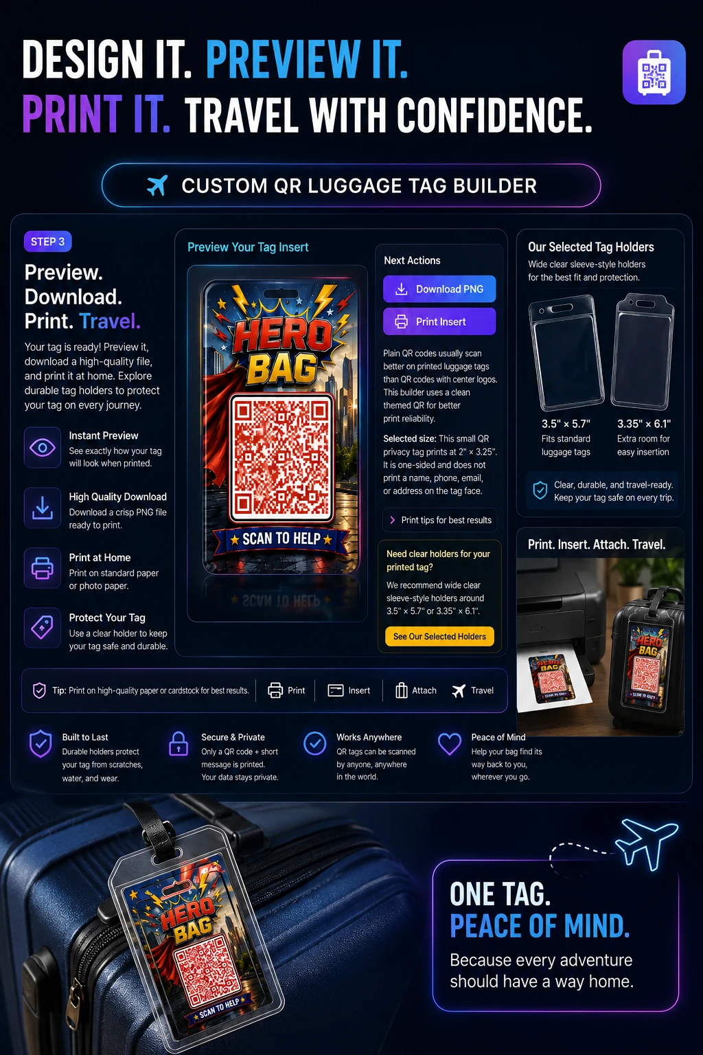 Printable QR luggage tag builder preview
