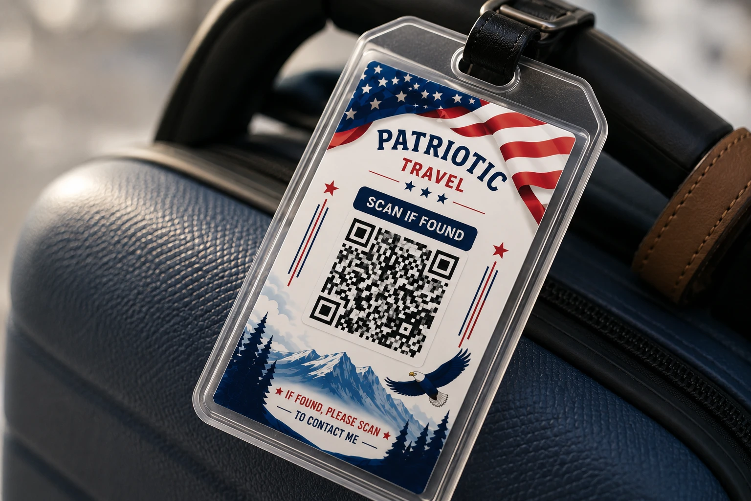 Close-up of a real printed QR luggage tag attached to a bag