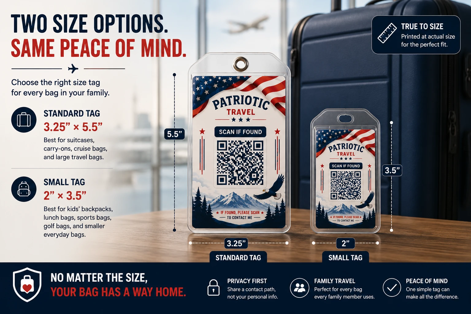 Standard QR luggage tag compared with a smaller QR bag tag