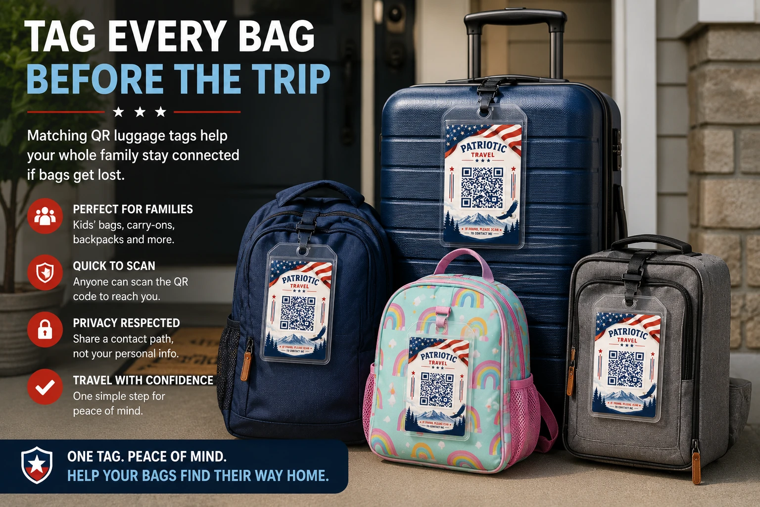 Family travel bags lined up with coordinated QR luggage tags