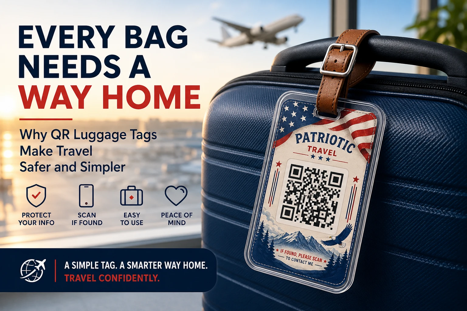 Printed QR luggage tag attached to a suitcase