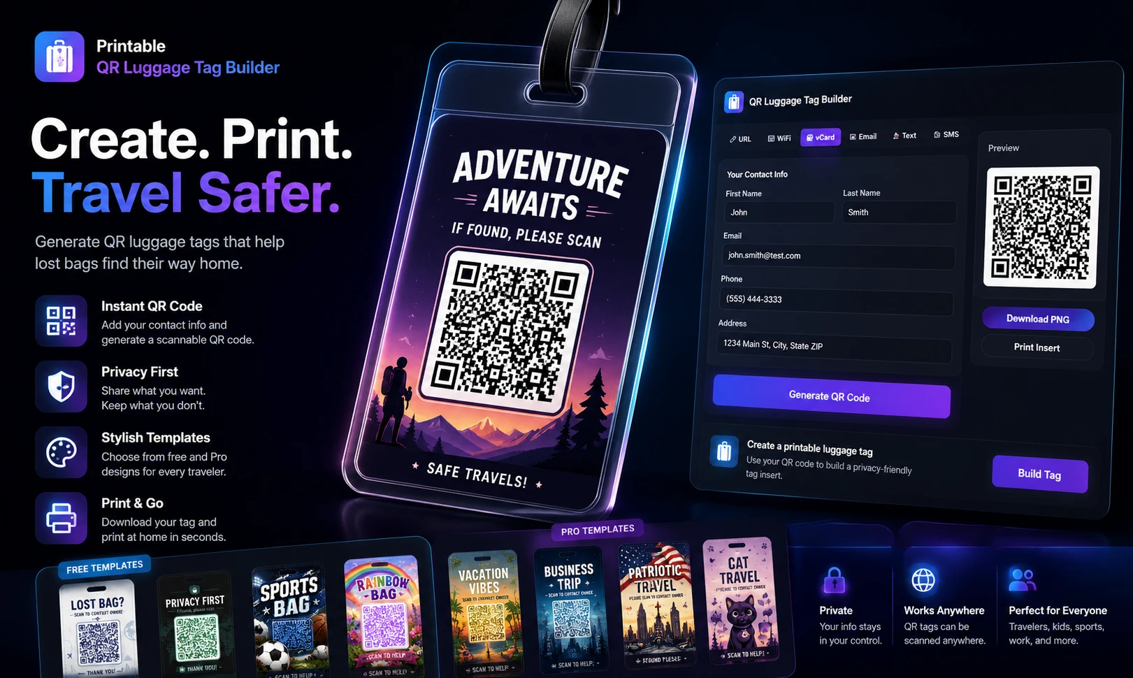 Printable QR Luggage Tag Builder showing template choices and preview area