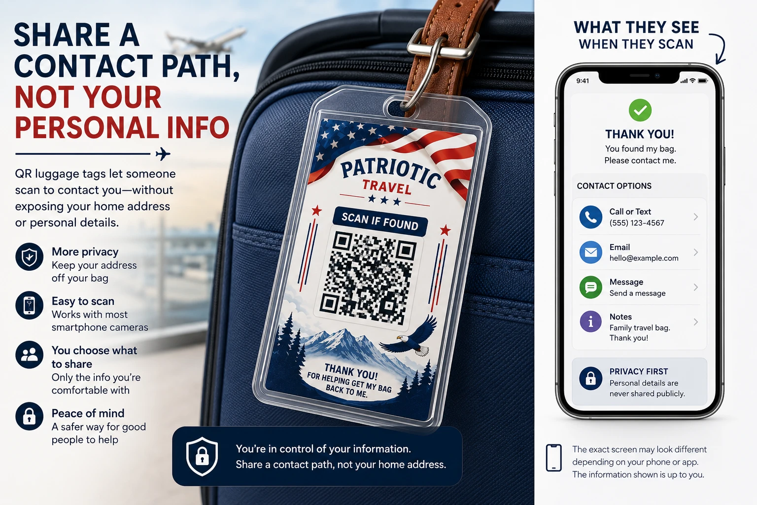 Privacy-friendly QR luggage tag with Scan if found text