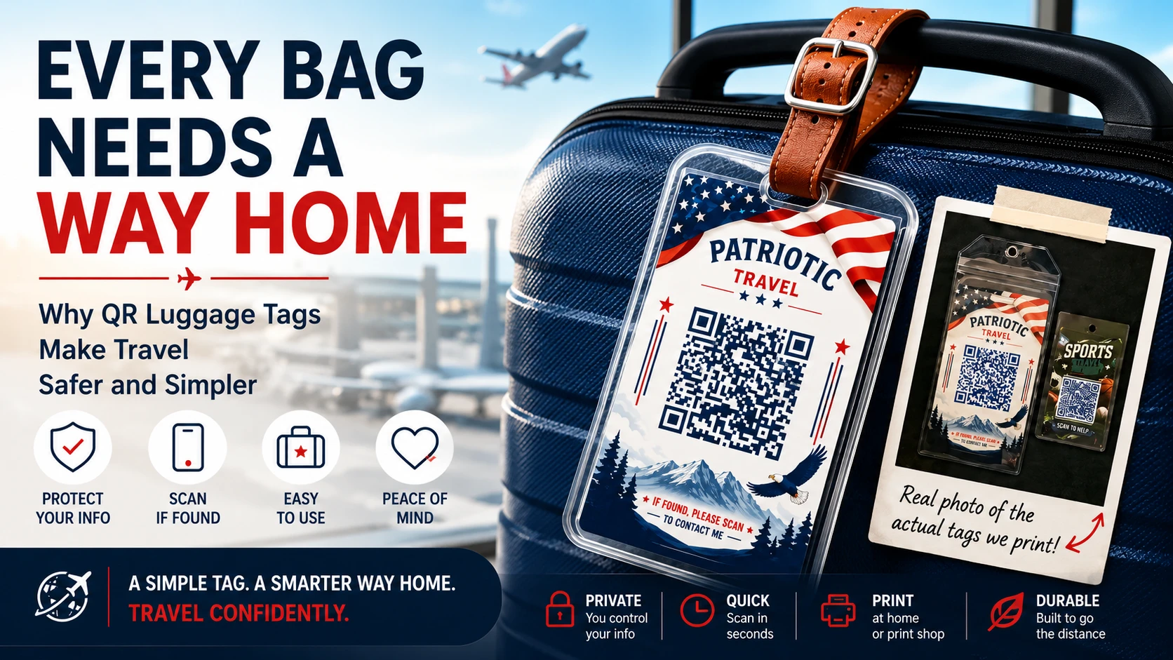 QR luggage tag attached to a suitcase showing how every bag can have a way home