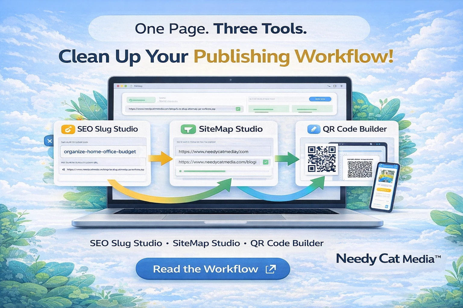 Workflow showing SEO Slug Studio, SiteMap Studio, and QR Code Builder working together