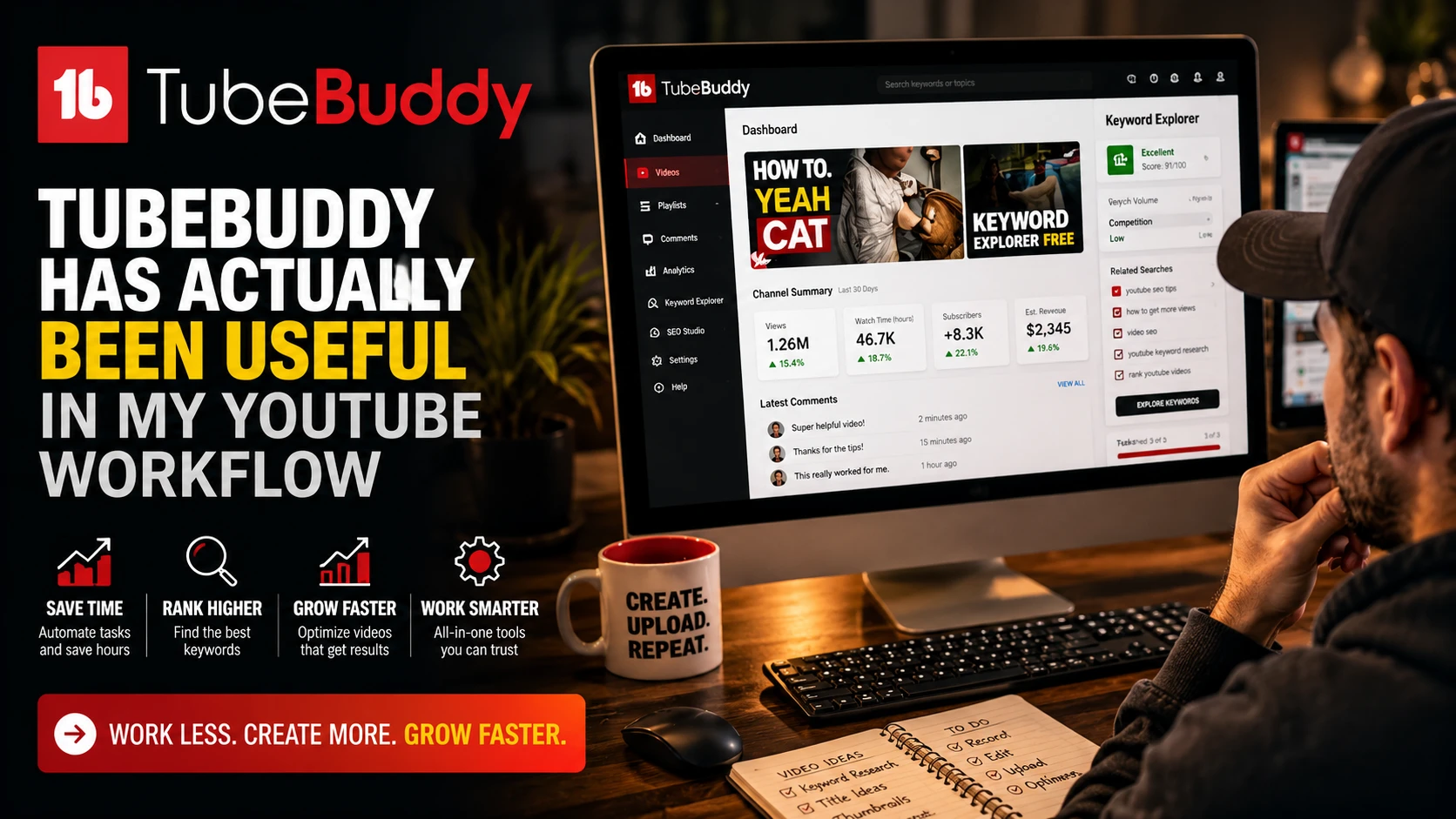 TubeBuddy helping a YouTube creator research topics, plan keywords, and improve workflow