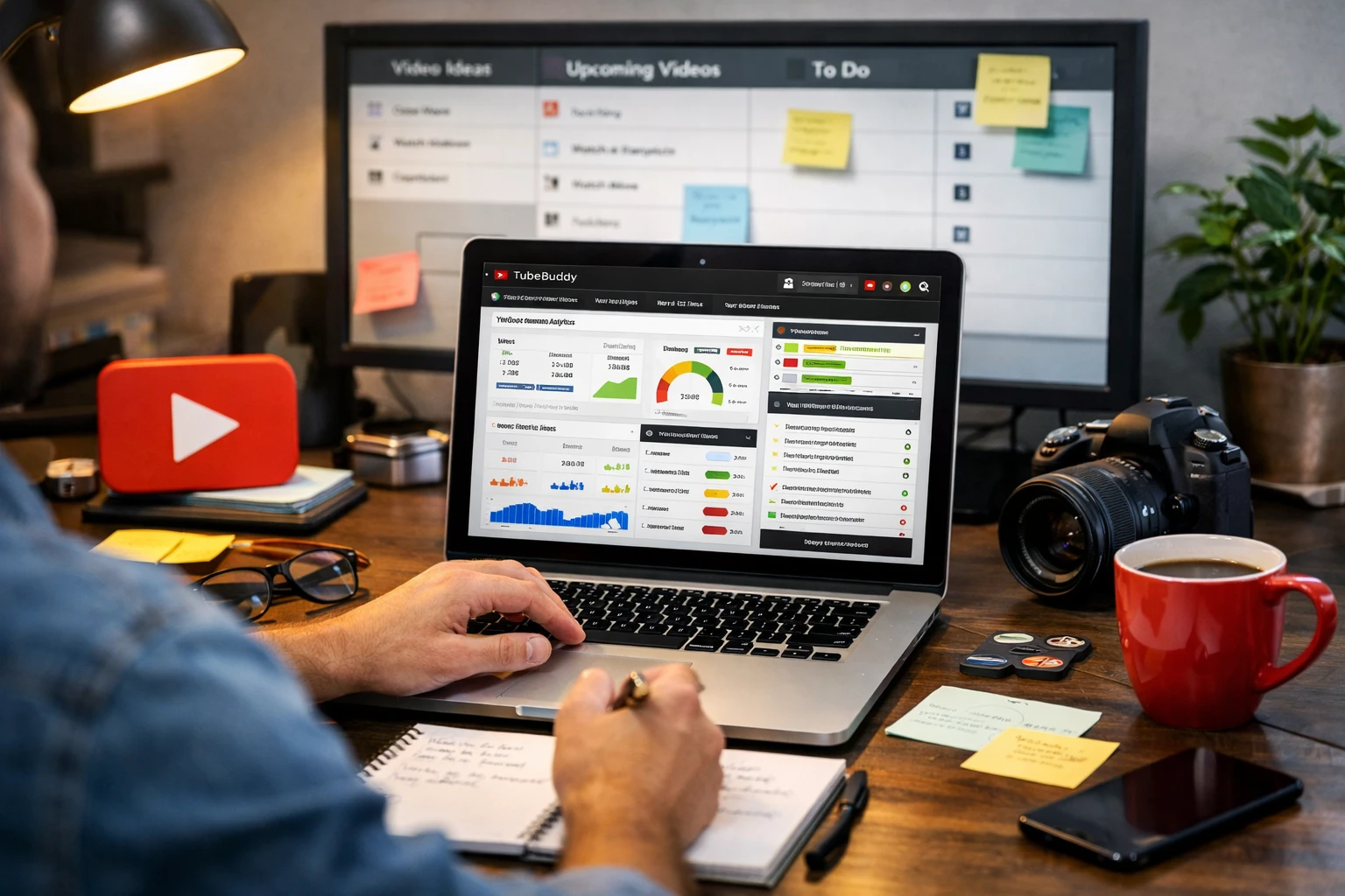Content creator using TubeBuddy on a laptop to research YouTube topics, keywords, and video optimization strategies