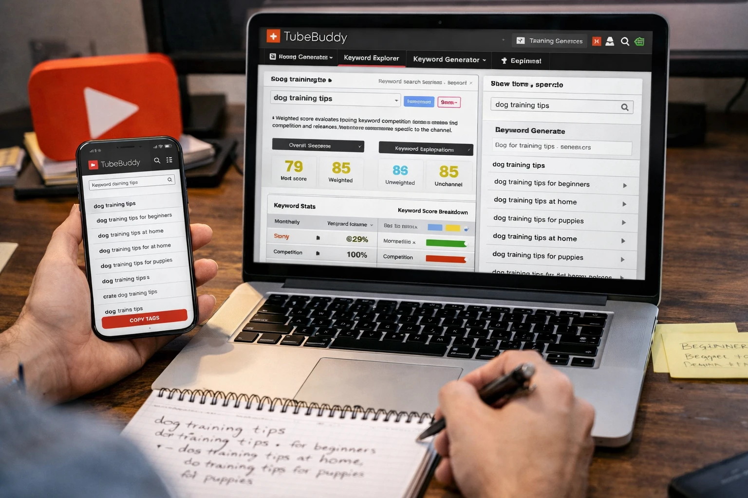 YouTube creator researching video topics and keywords for better channel growth