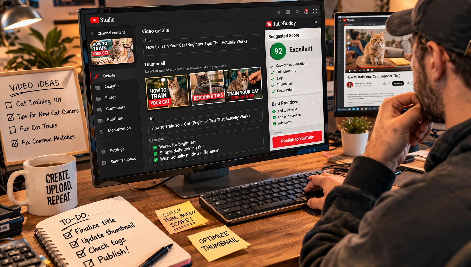 YouTube creator reviewing thumbnail and title choices before publishing a video