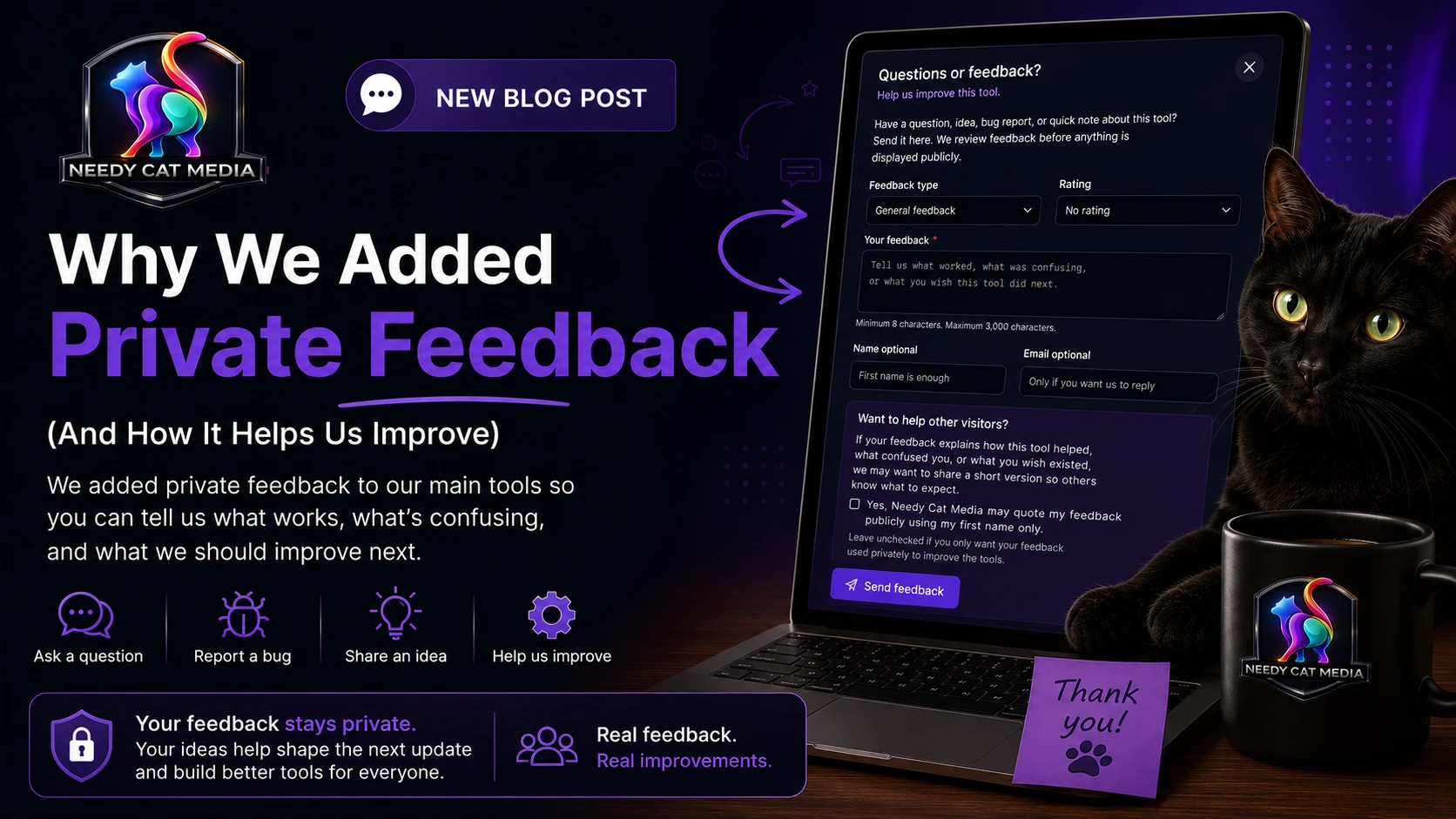 Needy Cat Media blog card for Why We Added Private Feedback, showing the private feedback form used on the main online tools