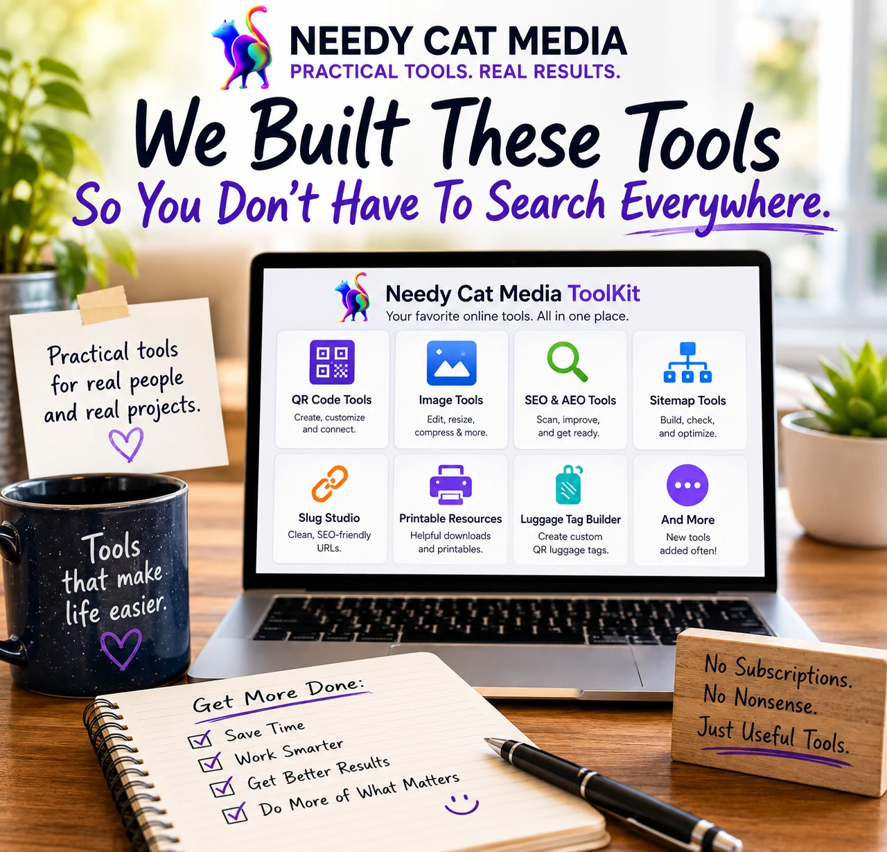Needy Cat Media online tools graphic showing QR tools, image tools, search-readiness tools, sitemap helpers, and creator resources