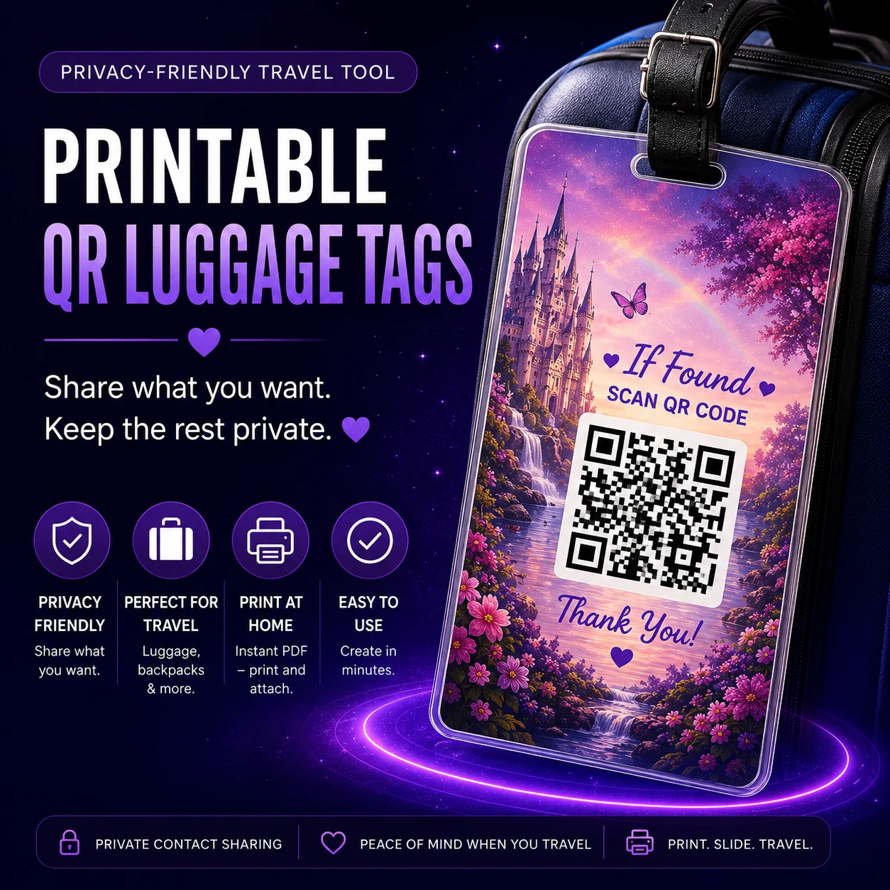 Printable QR luggage tag builder with privacy-friendly travel tag designs