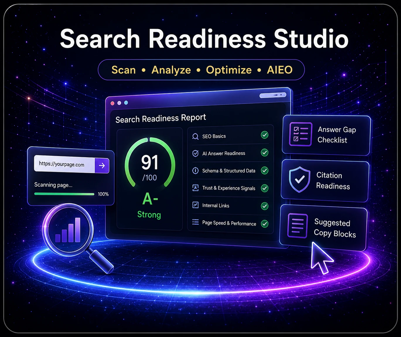 Search Readiness Studio SEO and AEO visibility scanner